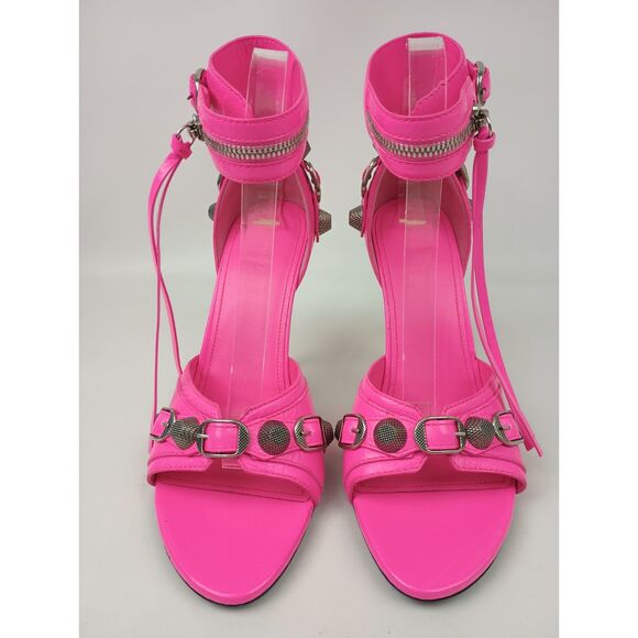 Balenciaga Women's Fluo Pink Cagole Leather Studded Sandals Size 39.5 - Picture 3 of 8
